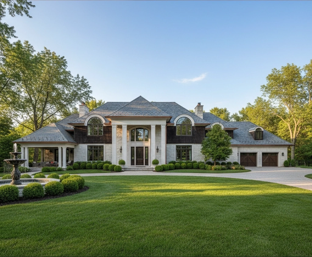 Photorealistic Indiana luxury estate exterior home with lush green lawn