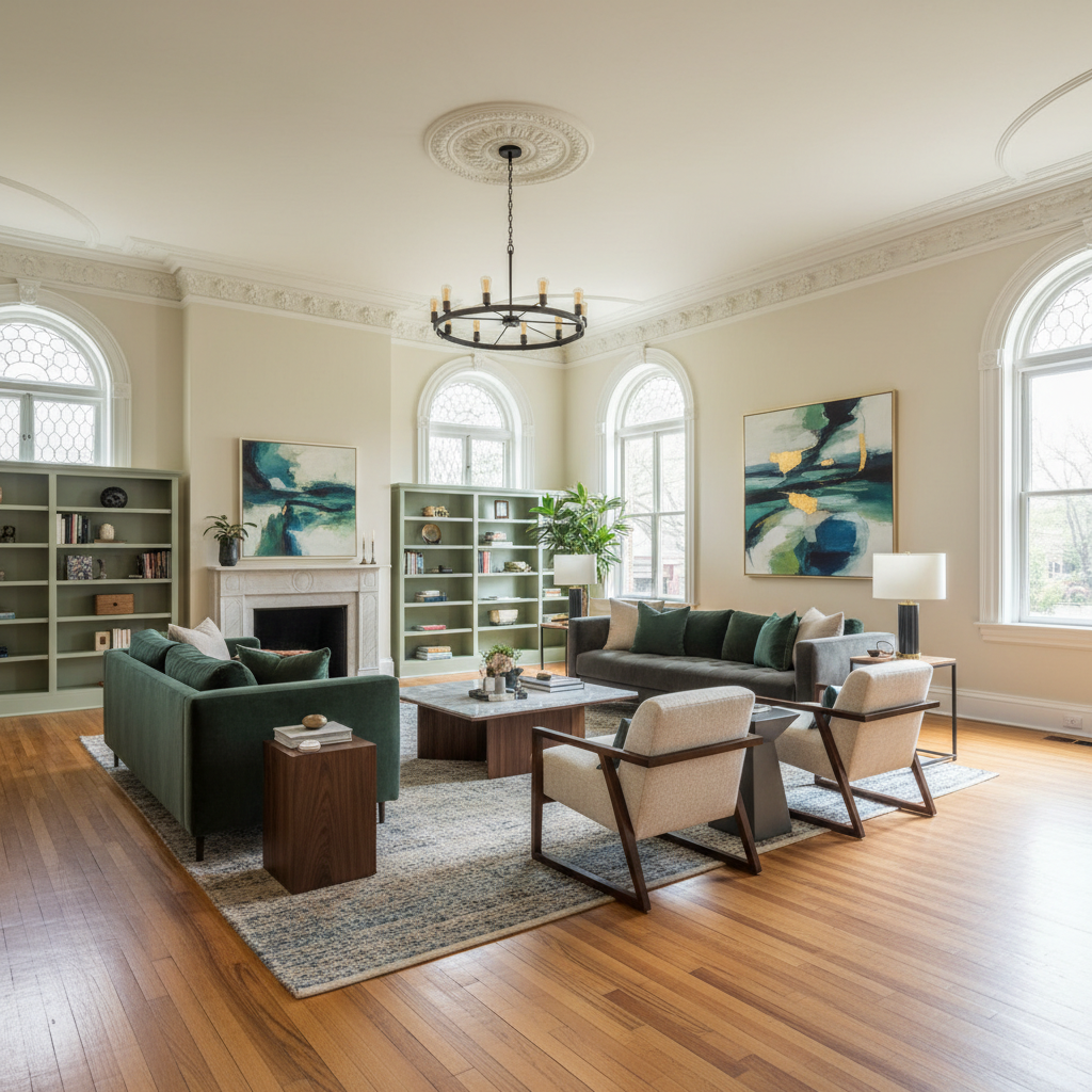 Sunlit, carefully renovated historic Indianapolis living room interior